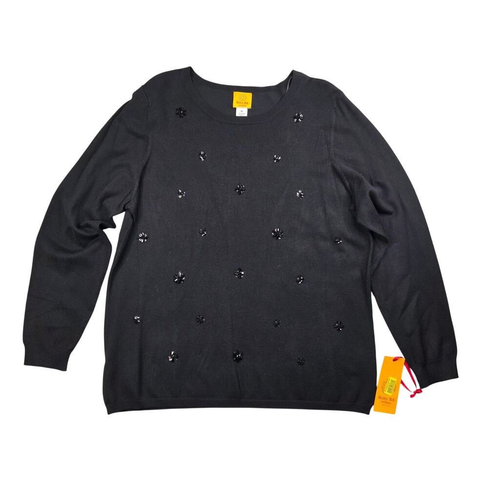 Ruby Rd. Sweater Womens 1X Black Rayon Embellished Crew Holiday Office Party NWT